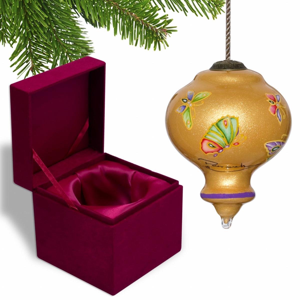 Picture of HomeRoots 477505 Golden Extravagant Butterflies Hand Painted Mouth Blown Glass Ornament, Multi Color