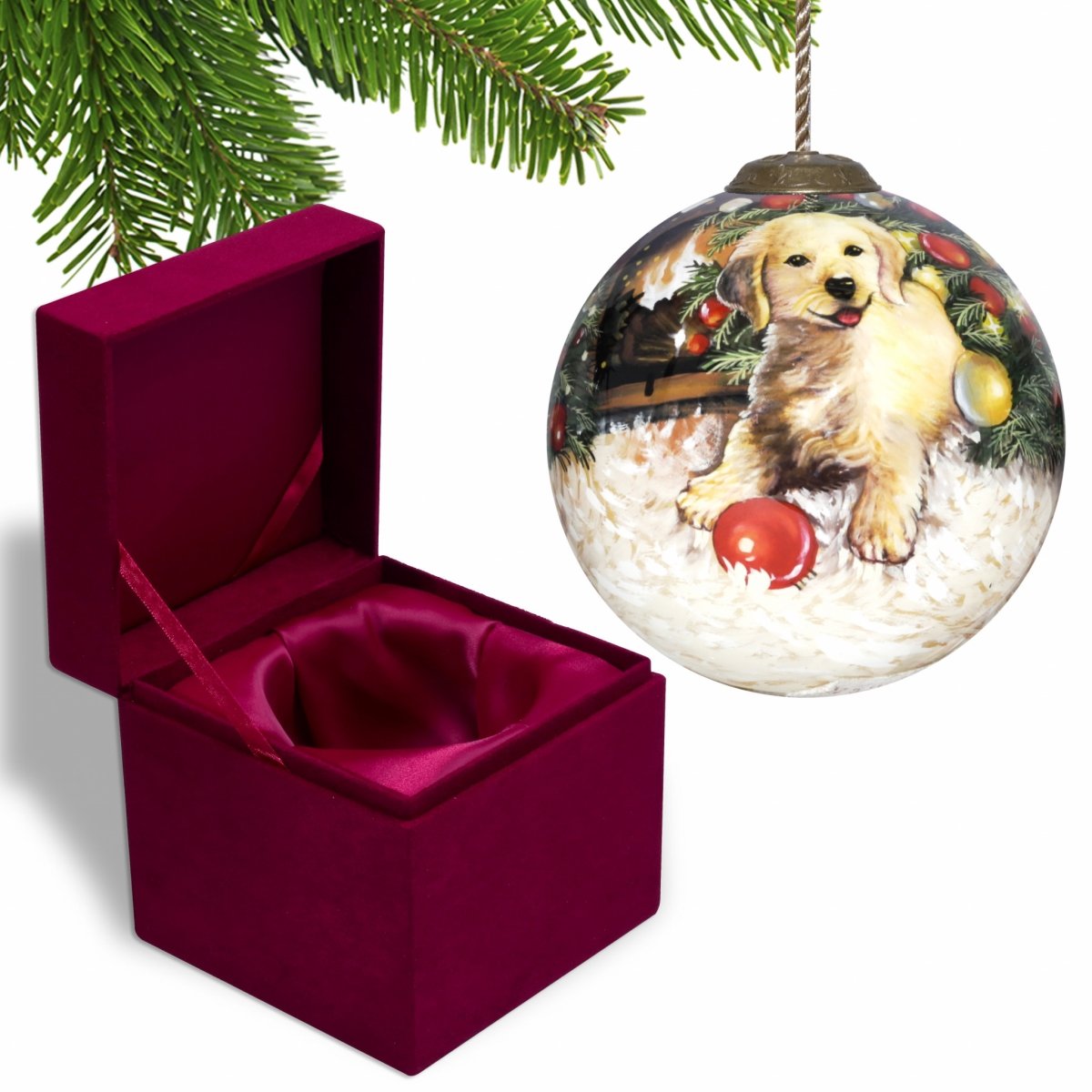 Picture of HomeRoots 477517 Puppy Under the Christmas Tree Hand Painted Mouth Blown Glass Ornament, Multi Color