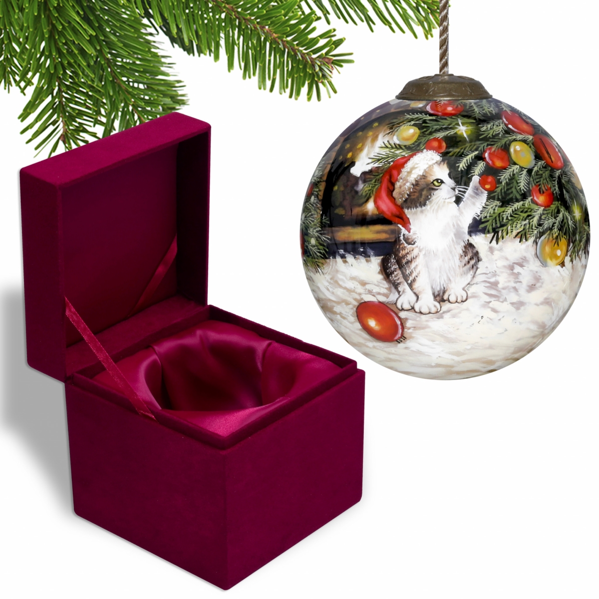 Picture of HomeRoots 477518 Kitten Under the Christmas Tree Hand Painted Mouth Blown Glass Ornament, Multi Color