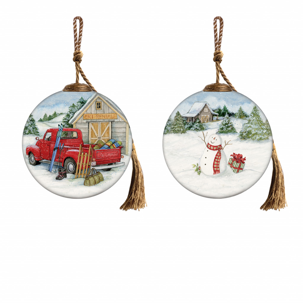 Picture of HomeRoots 477531 Snowy Mountains Ski Rental Hand Painted Mouth Blown Glass Ornament, Multi Color