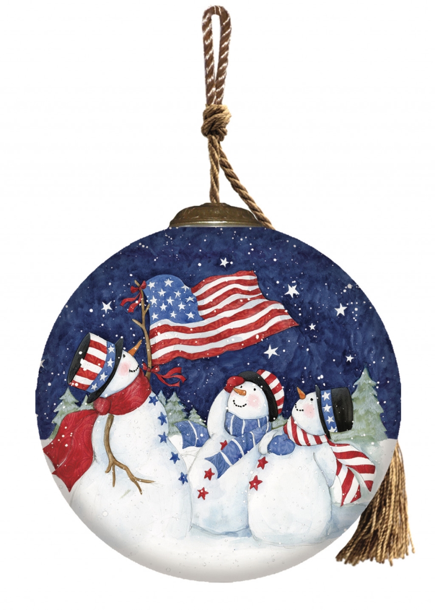 Picture of HomeRoots 477549 Three Snowman & An American Flag Hand Painted Mouth Blown Glass Ornament&#44; Multi Color