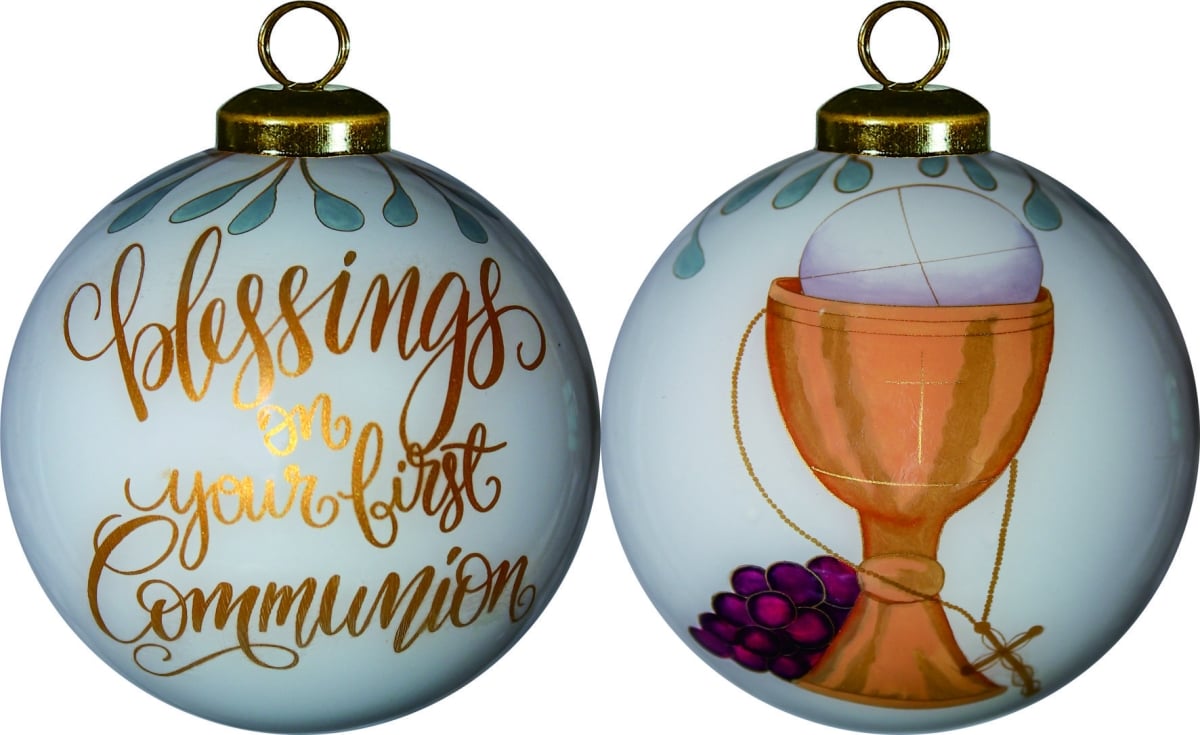 First Communion Hand Painted Mouth Blown Glass Ornament, Gold