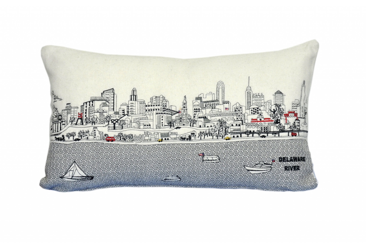 24 in. Philadelphia Daylight Skyline Lumbar Decorative Pillow, White