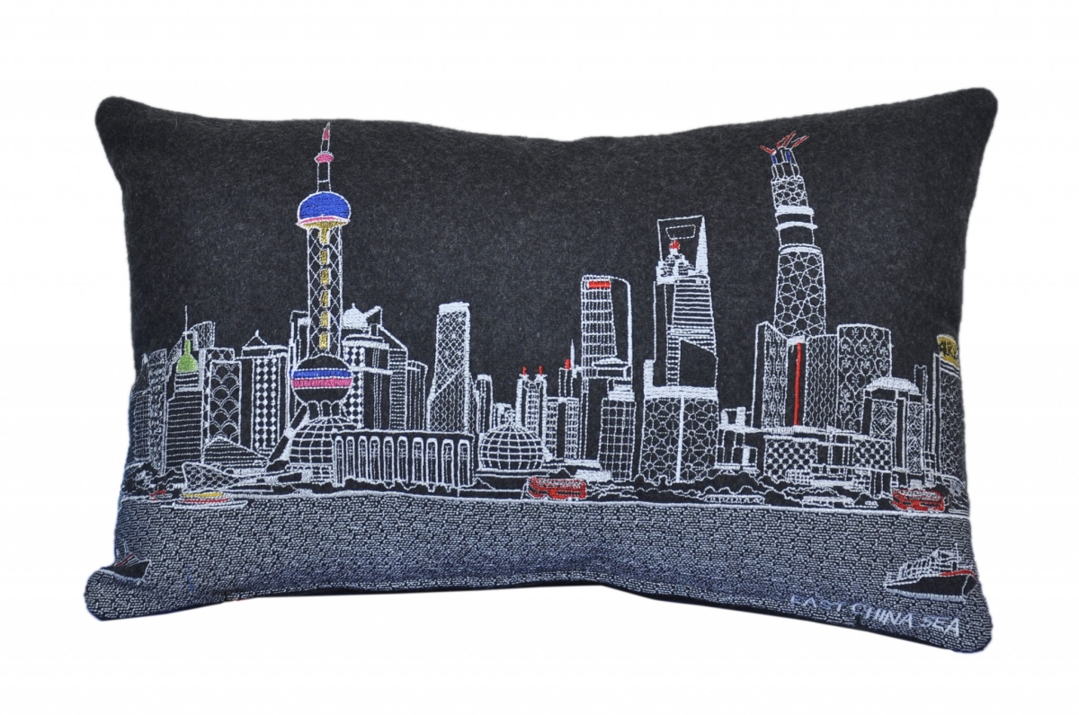 24 in. Shanghai Nighttime Skyline Lumbar Decorative Pillow, Black & Grey