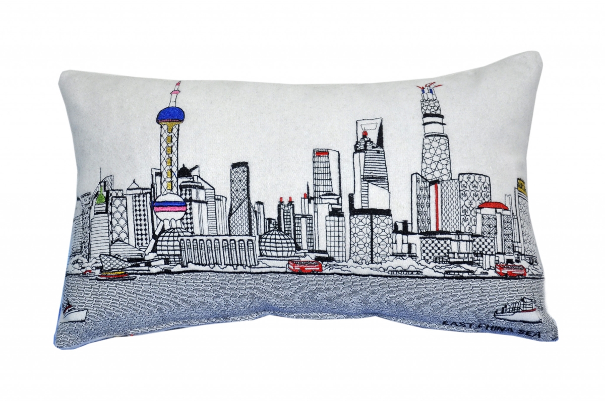 24 in. Shanghai Daylight Skyline Lumbar Decorative Pillow, White