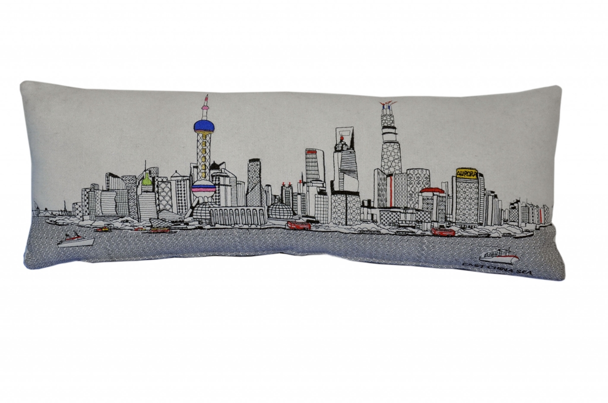 35 in. Shanghai Daylight Skyline Lumbar Decorative Pillow, White