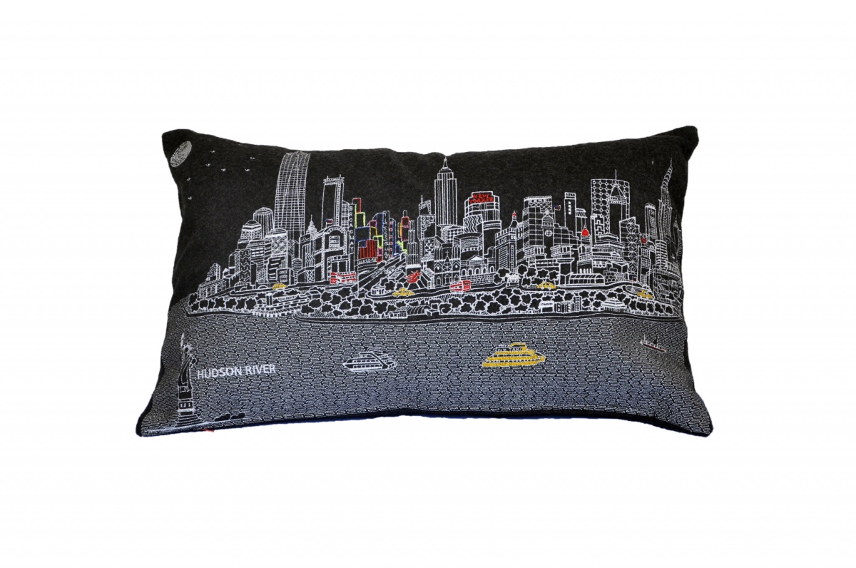 24 in. Nyc Nighttime Skyline Lumbar Decorative Pillow, Black, Grey & White