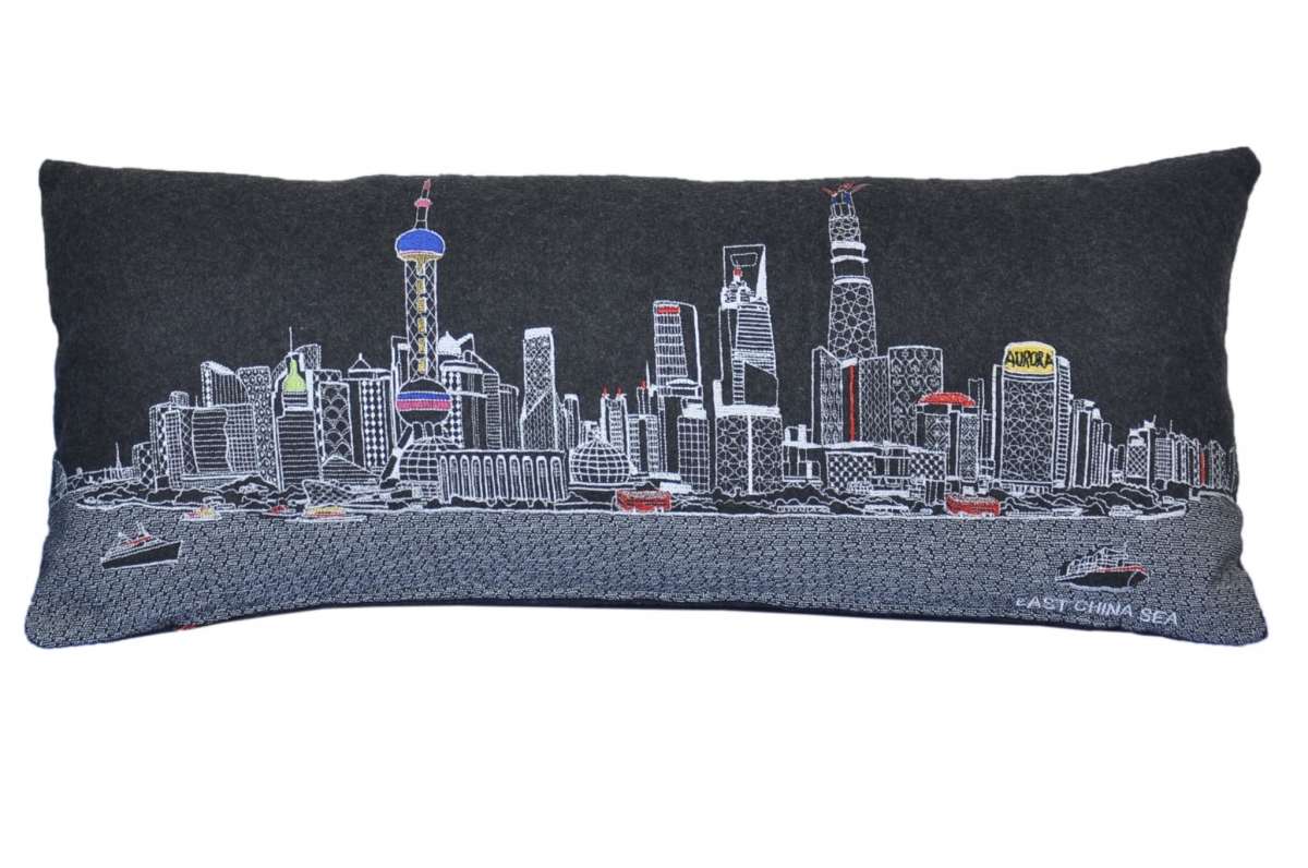 35 in. Shanghai Nighttime Skyline Lumbar Decorative Pillow, Black & Grey
