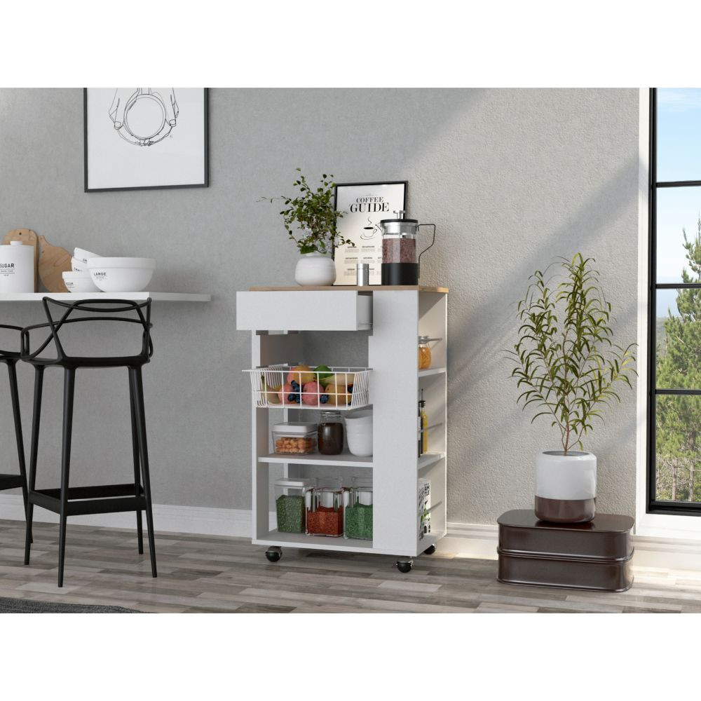 Sleek Portable Kitchen Cart, White & Light Oak