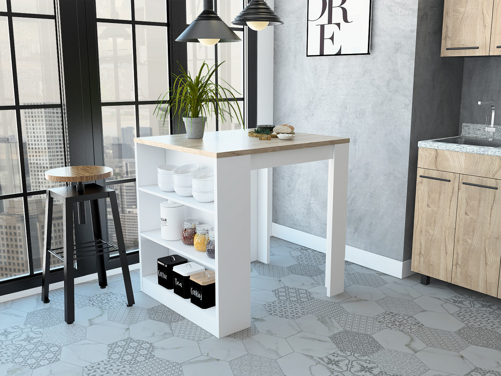 477891 Stylish Kitchen Counter & Dining Table, White & Pine