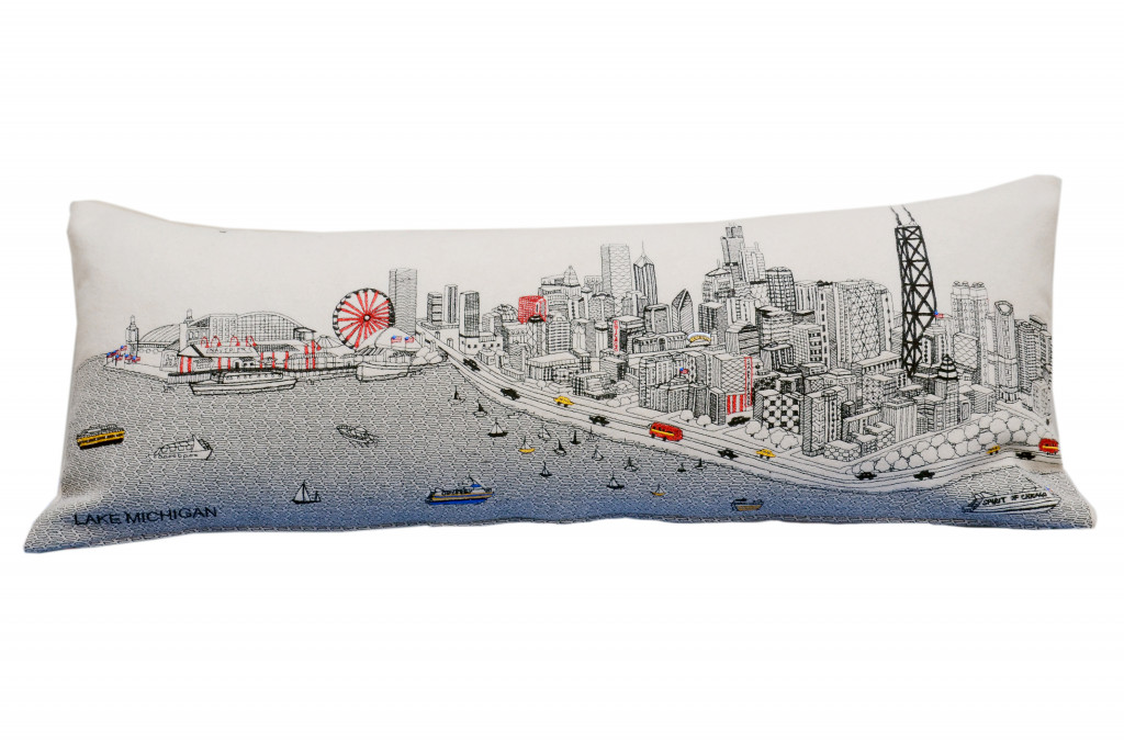 35 in. Chicago Daylight Skyline Lumbar Decorative Pillow, White