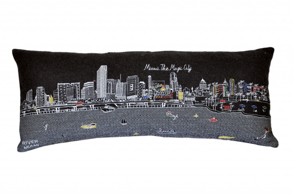 35 in. Miami Nighttime Skyline Lumbar Decorative Pillow, Black & Grey