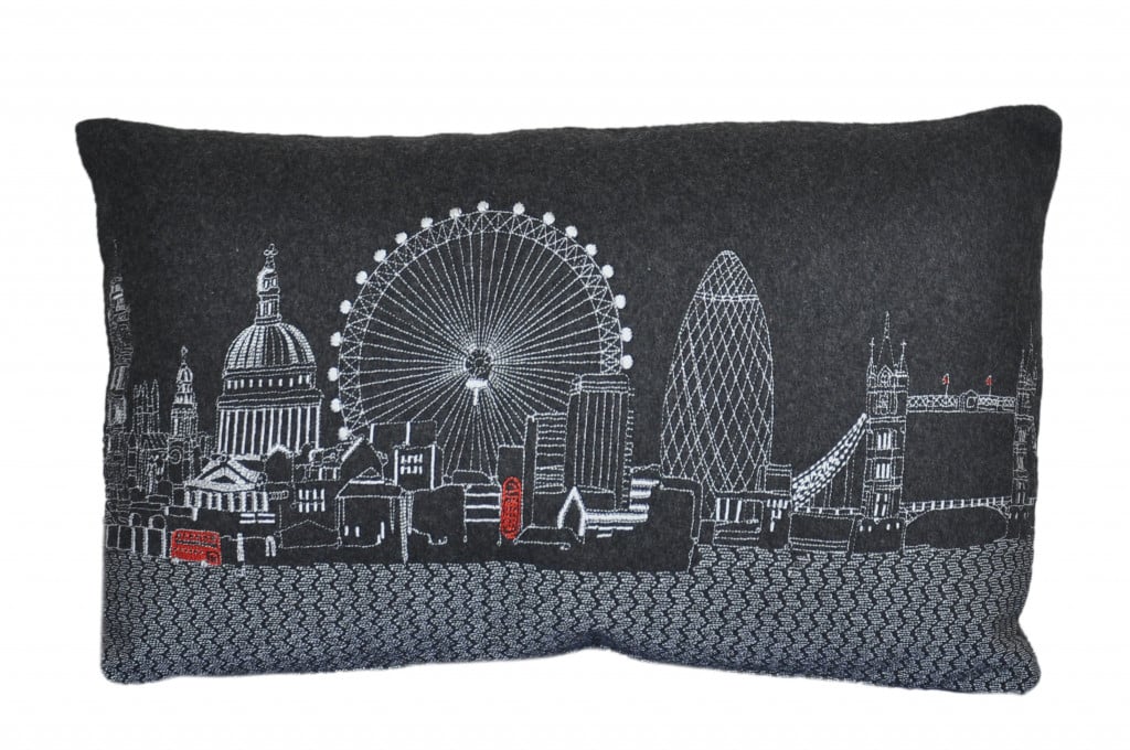 24 in. London Nighttime Skyline Lumbar Decorative Pillow, Black, Grey & White
