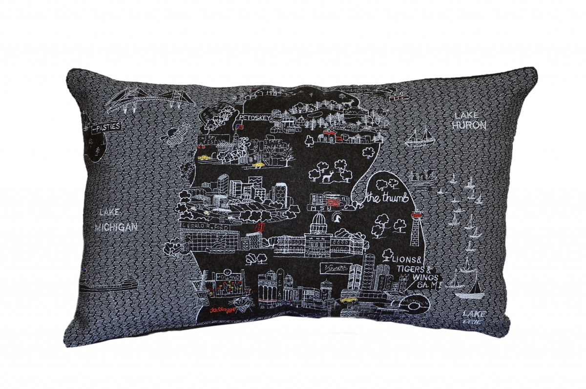 24 in. Michigan Lower Peninsula Nighttime Skyline Lumbar Decorative Pillow, Black & Grey