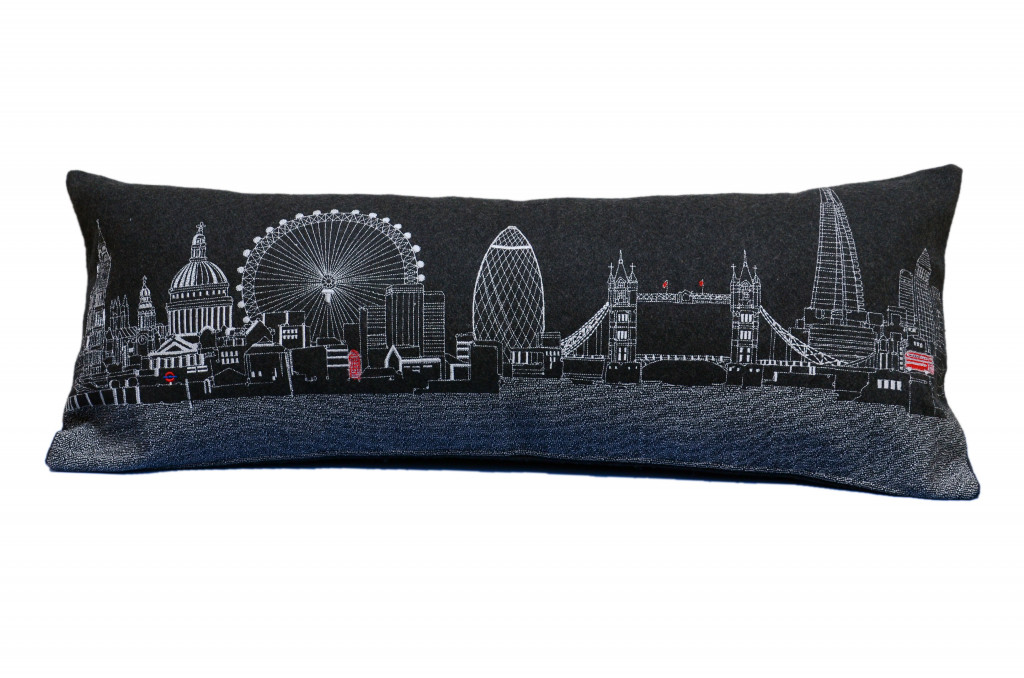 35 in. London Nighttime Skyline Lumbar Decorative Pillow, Black, Grey & White