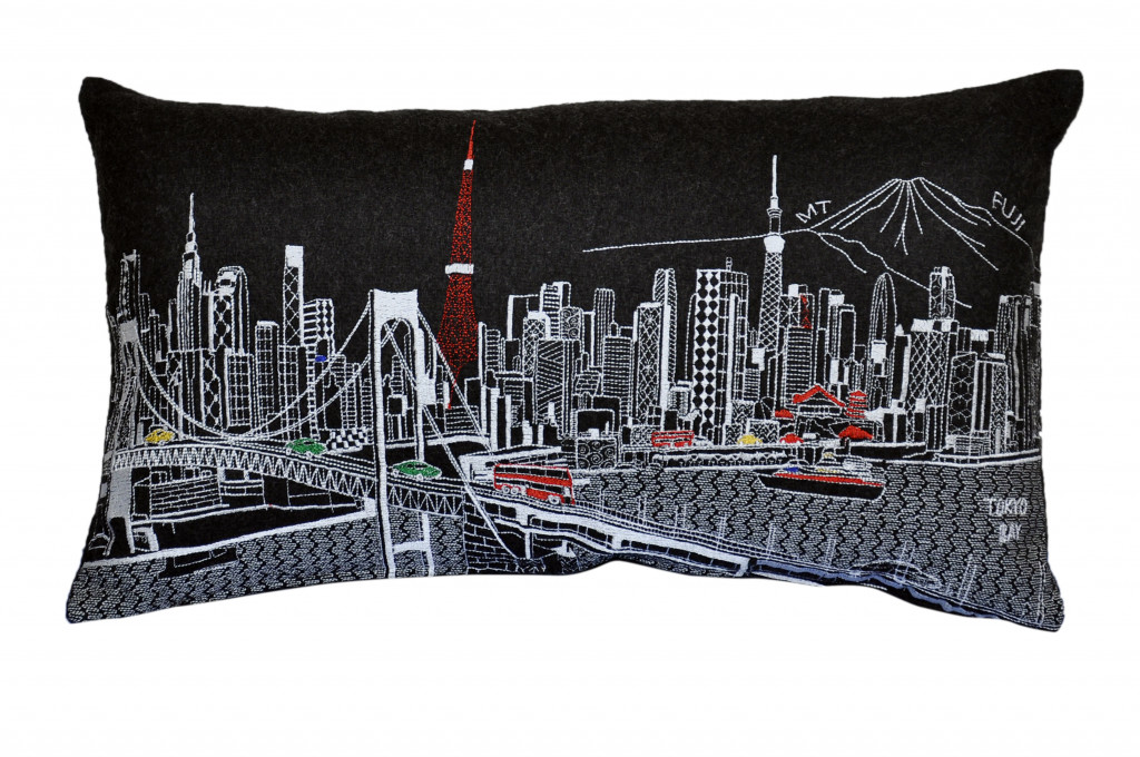 24 in. Tokyo Nighttime Skyline Lumbar Decorative Pillow, Black & Grey