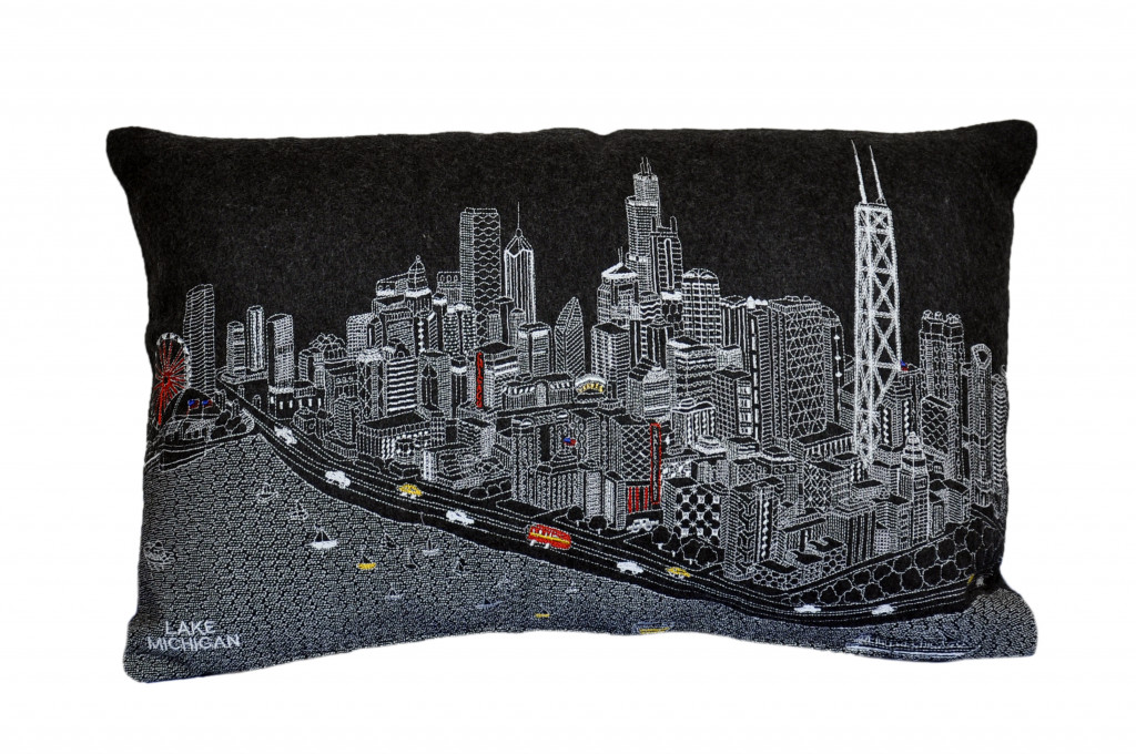 24 in. Chicago Nighttime Skyline Lumbar Decorative Pillow, Black & Grey