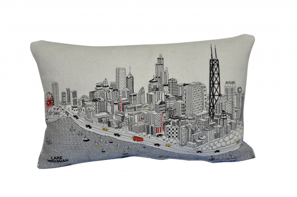 24 in. Chicago Daylight Skyline Lumbar Decorative Pillow, White