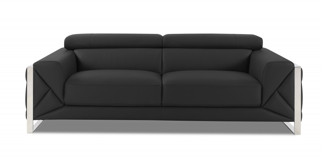 89 in. Genuine Leather Standard Sofa, Dark Gray & Chrome