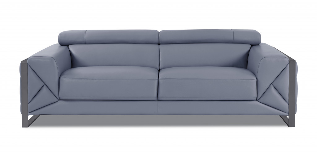 89 in. Genuine Leather Standard Sofa, Light Blue & Chrome