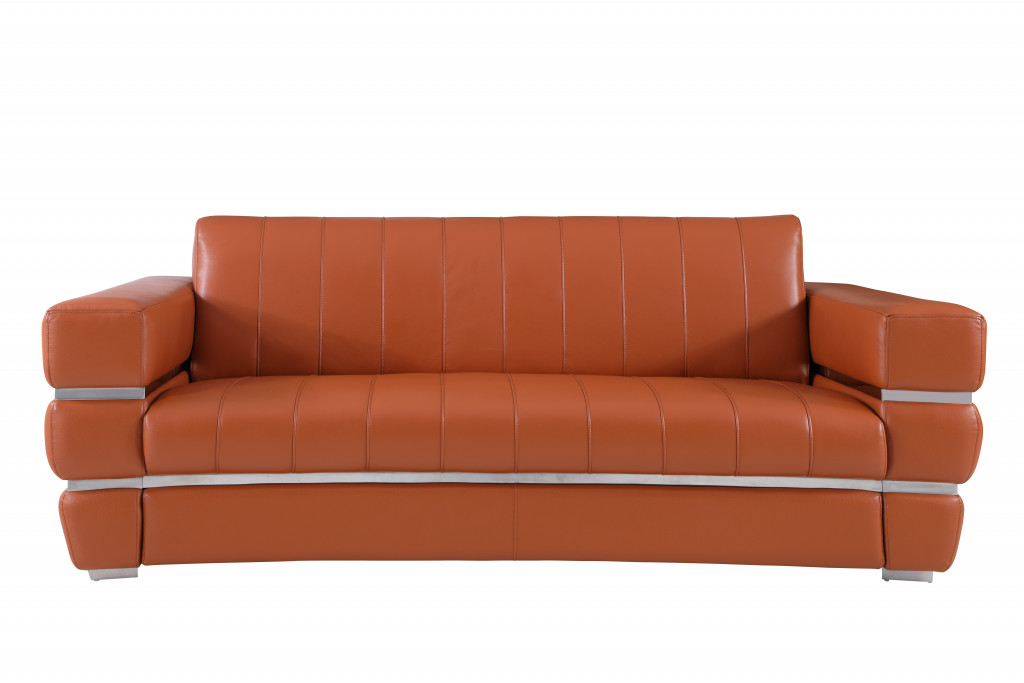 89 in. Chrome Accents Genuine Leather Standard Sofa, Camel Brown