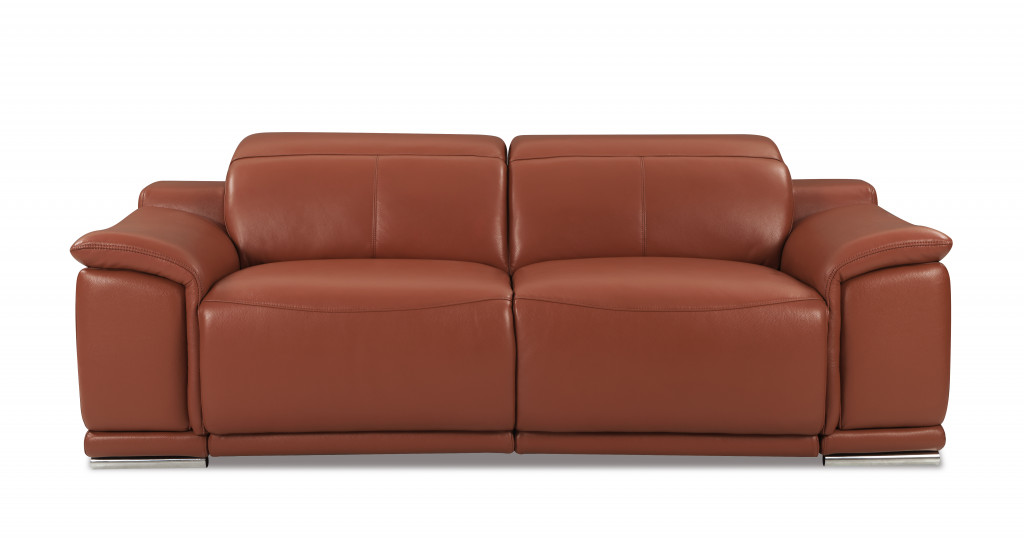 86 in. Genuine Leather Reclining Sofa, Camel Brown