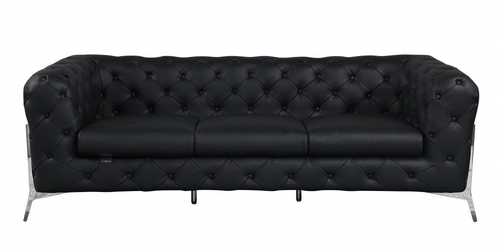 93 in. Genuine Tufted Leather & Chrome Standard Sofa, Black