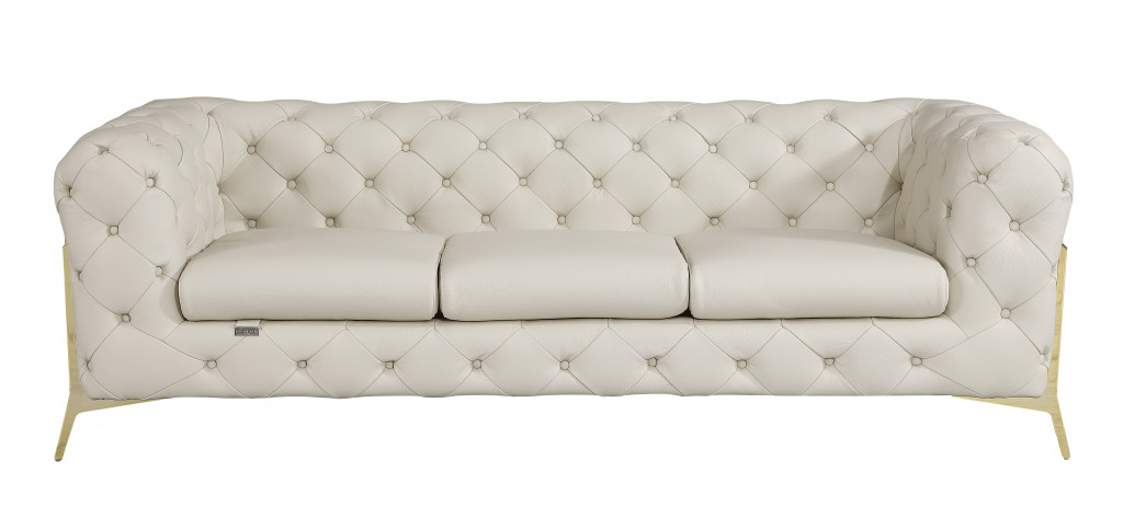 476528 93 in. Genuine Button Tufted Leather Standard Sofa, Beige