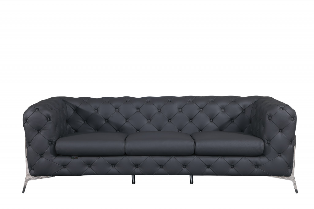 93 in. Genuine Button Tufted Leather Standard Sofa, Dark Gray