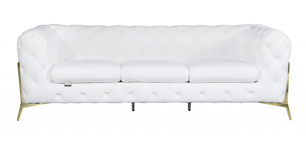93 in. Genuine Tufted Leather Standard Sofa, White & Gold