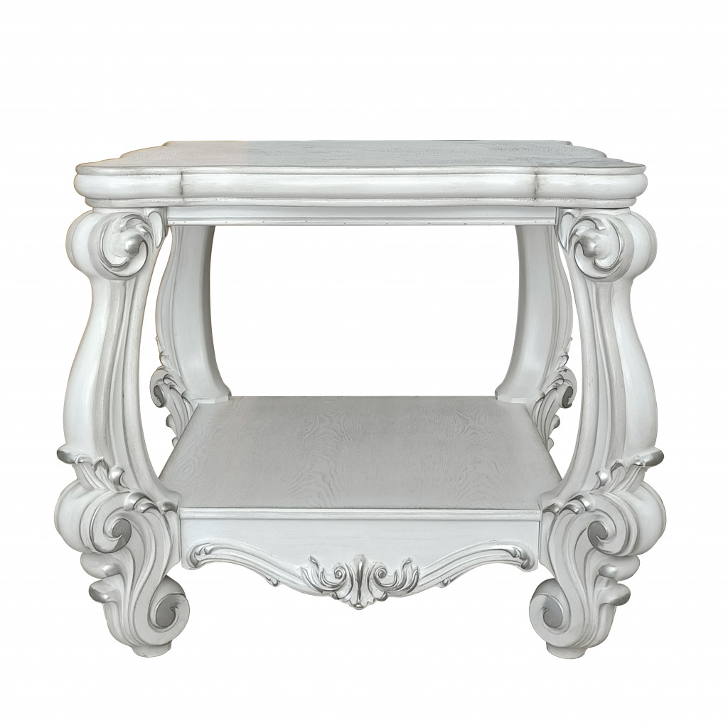 Antiqued White Square Scroll End Table - Bone White - 26 in. - Includes Shelf - Stylish Design