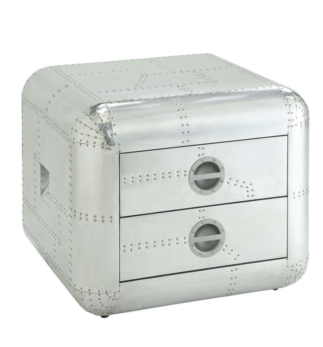 22 in. Aluminum Aviator Trunk Style Square End Table with Two Drawers, Silver