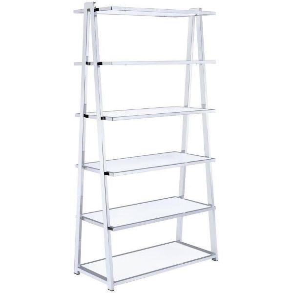 71 in. Back Open Ladder Bookcase with Frame, White High Gloss