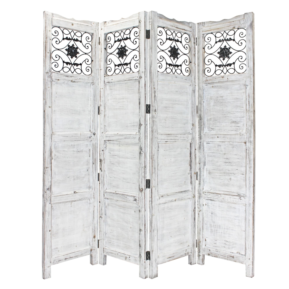 Wash 4 Panel with Scroll Work Room Divider Screen, Gray