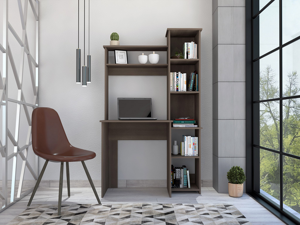 Modern Office Desk with Storage Cabinet, Smokey Oak