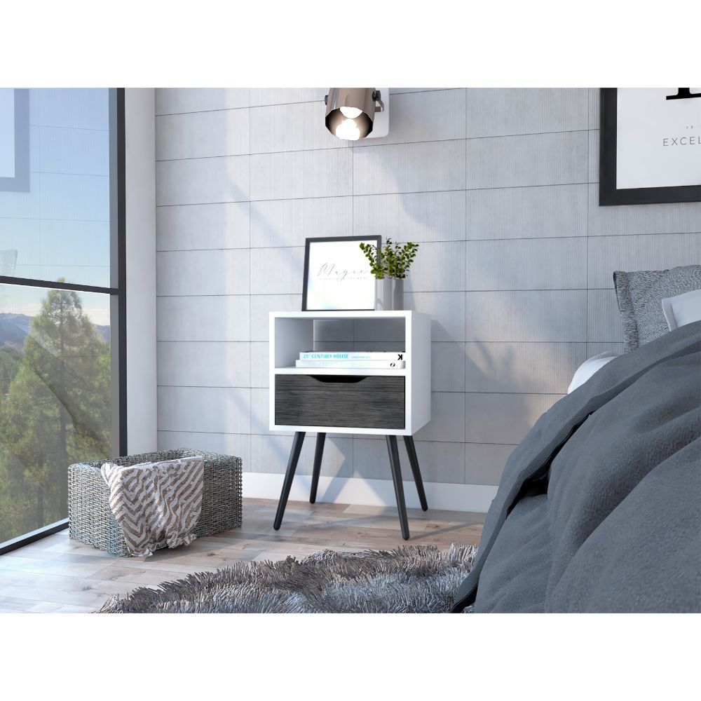 Modern Bedroom Nightstand, Smokey Oak & White