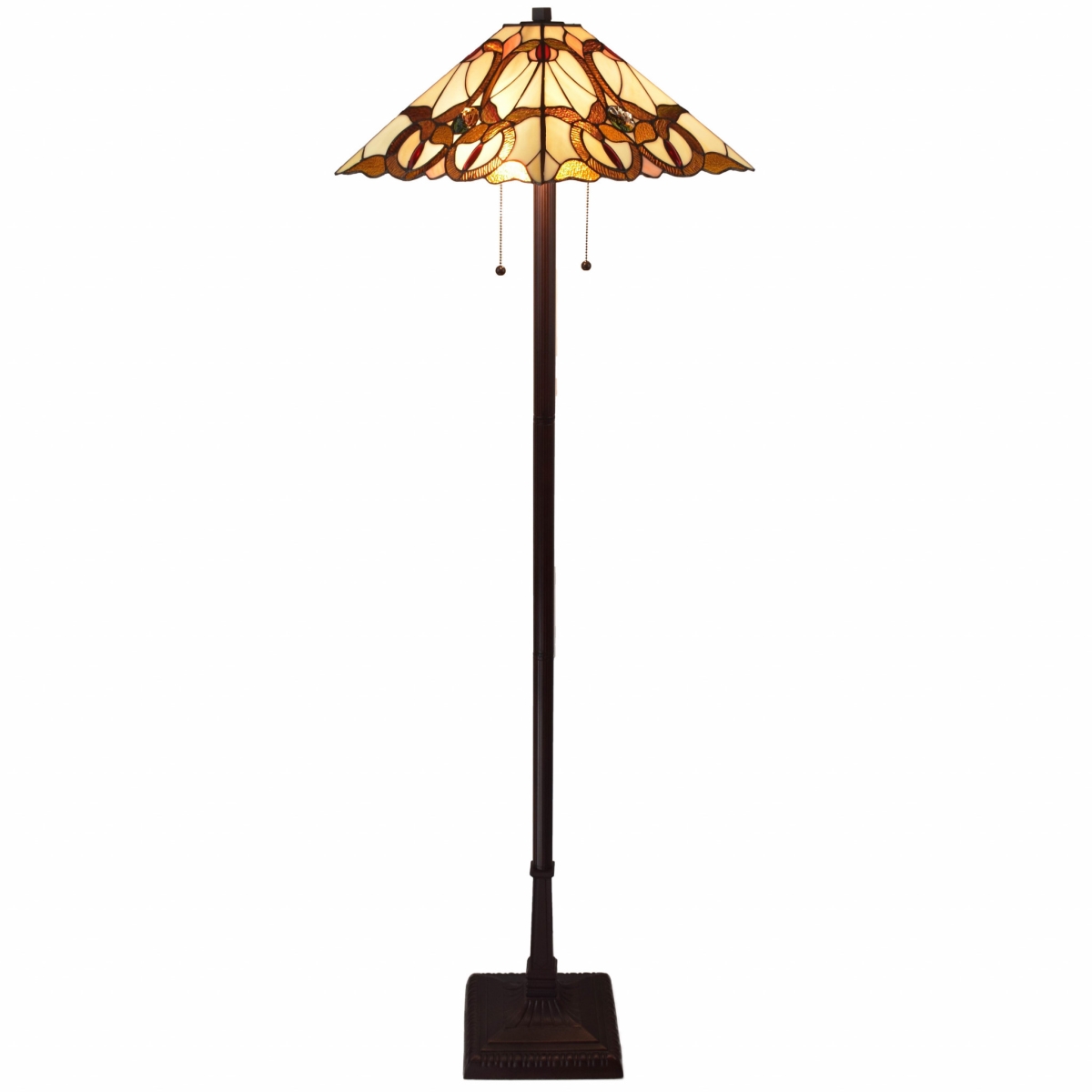 478097 62 in. Two Lights Traditional Shaped Floor Lamp with Brown & White Stained Glass Cone Shade, Brown