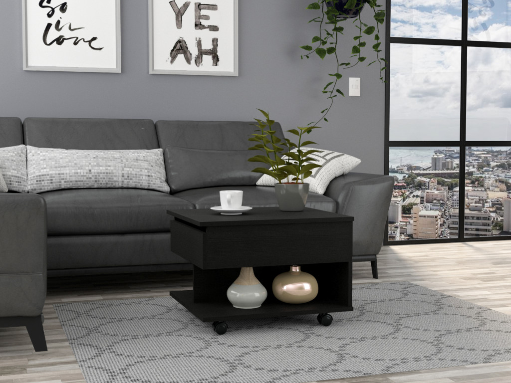 22 in. Manufactured Wood Rectangular Lift Top Coffee Table with Drawer, Black