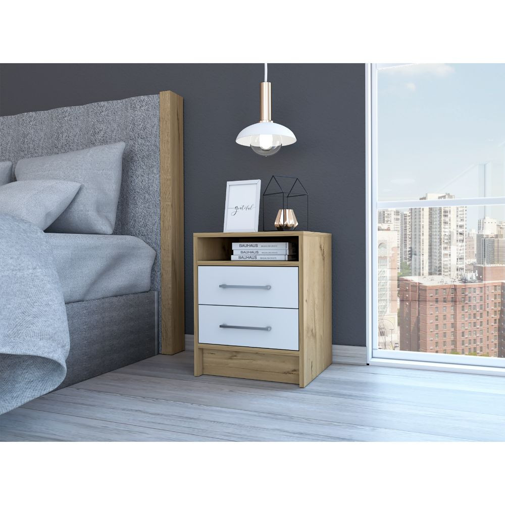 Sophisticated & Stylish White & Light Oak Nightstand, White & Light Oak