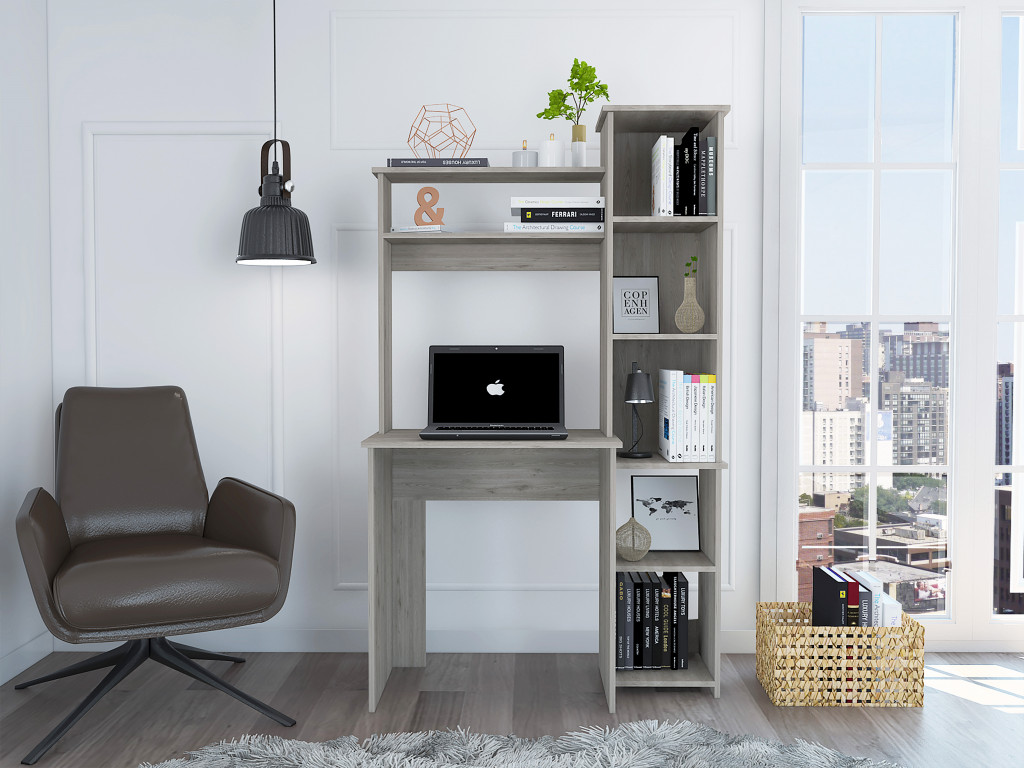 Modern Office Desk with Storage Cabinet, Light Gray