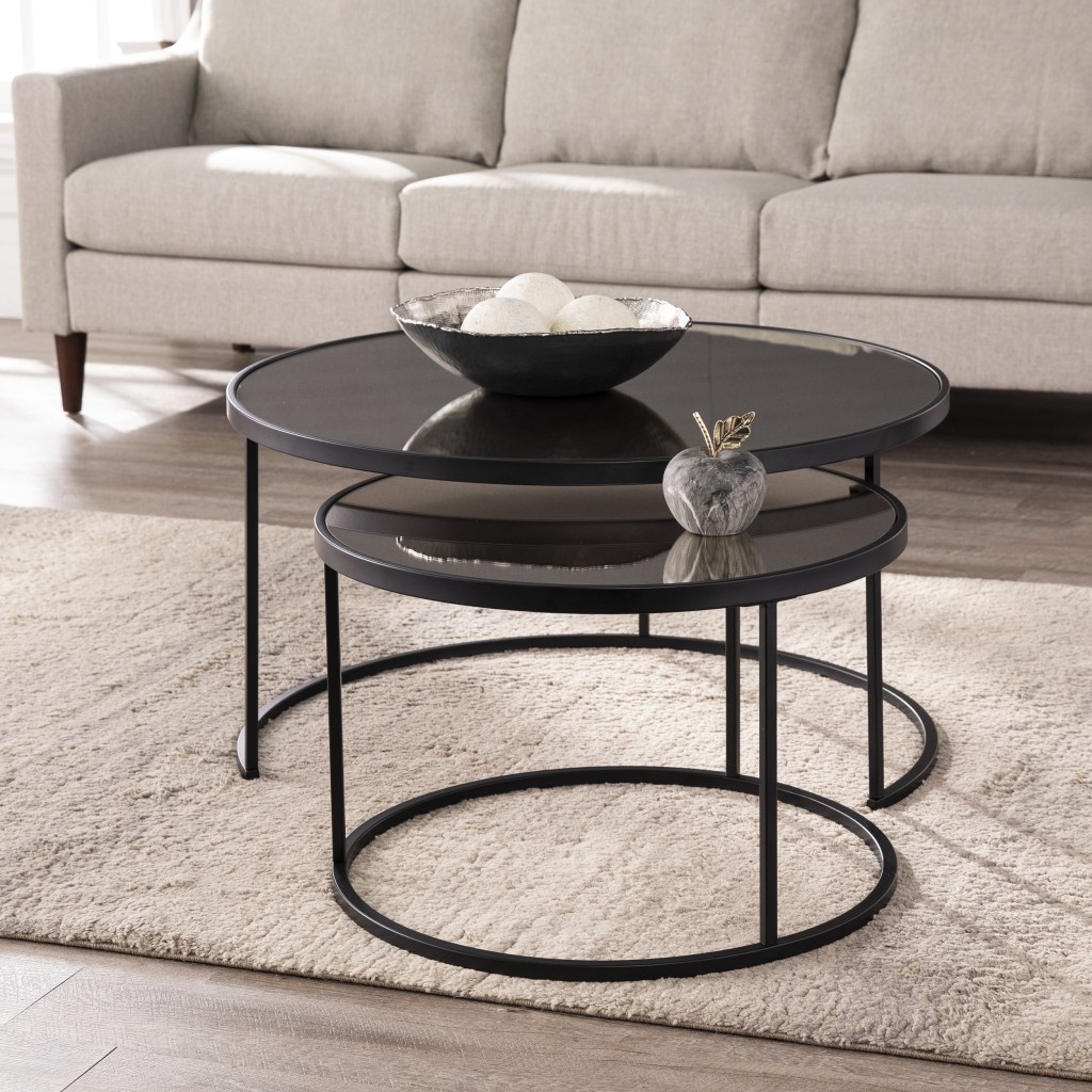 402086 Mirrored Round Nested Coffee Table Set, Black & Silver - Set of 2