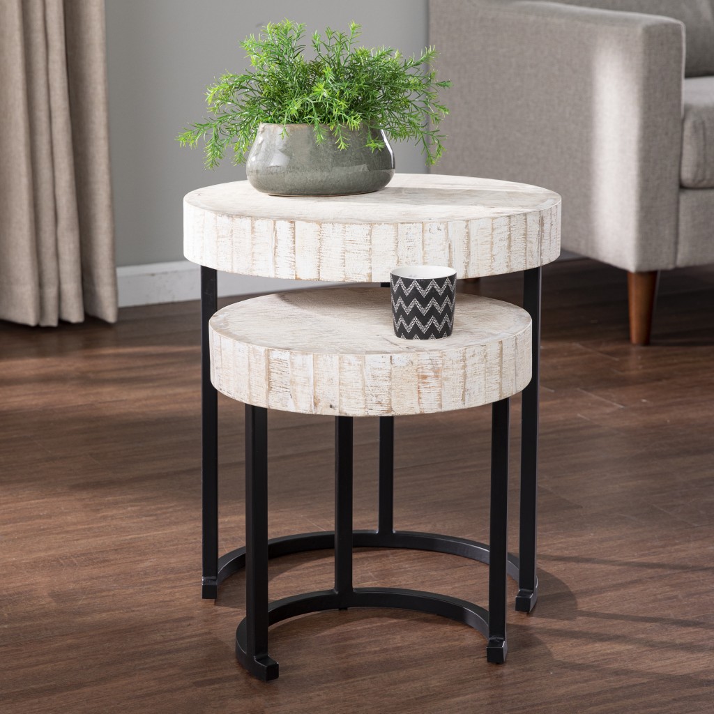 21 in. Solid Wood & Iron Round Nested Tables, White - Set of 2
