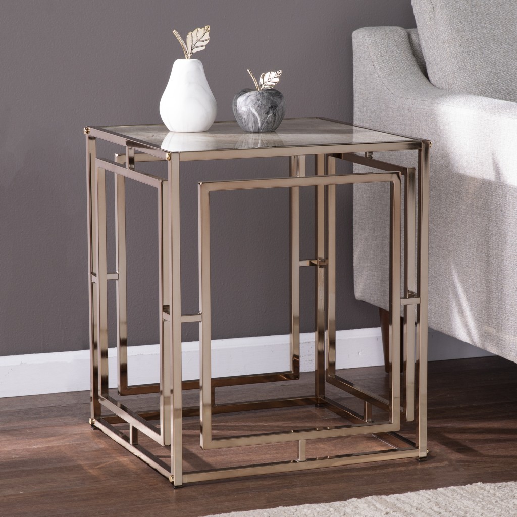 23 in. Glass & Iron Square End Table, Champagne