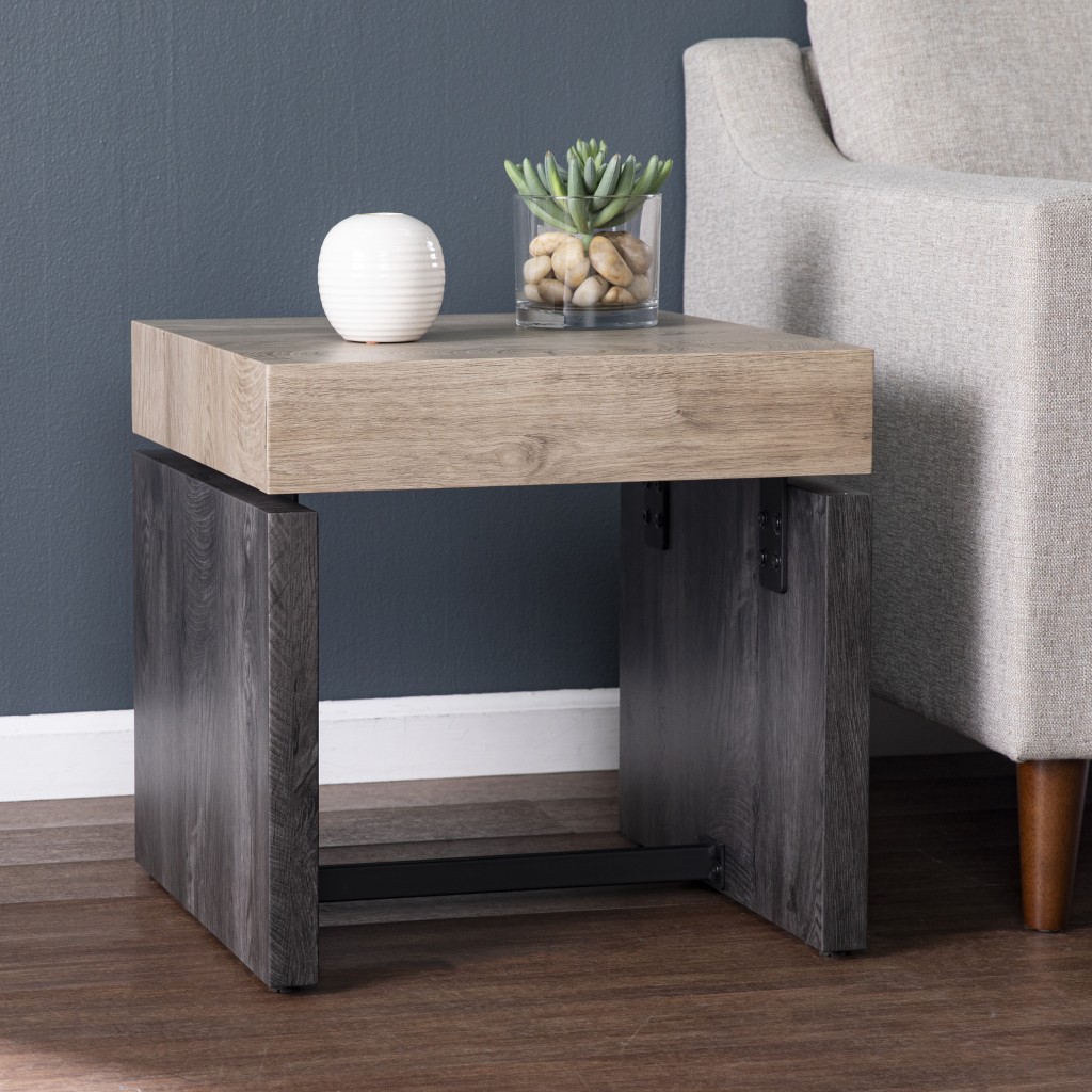 20 in. Wood & Iron Square End Table, Natural Wood