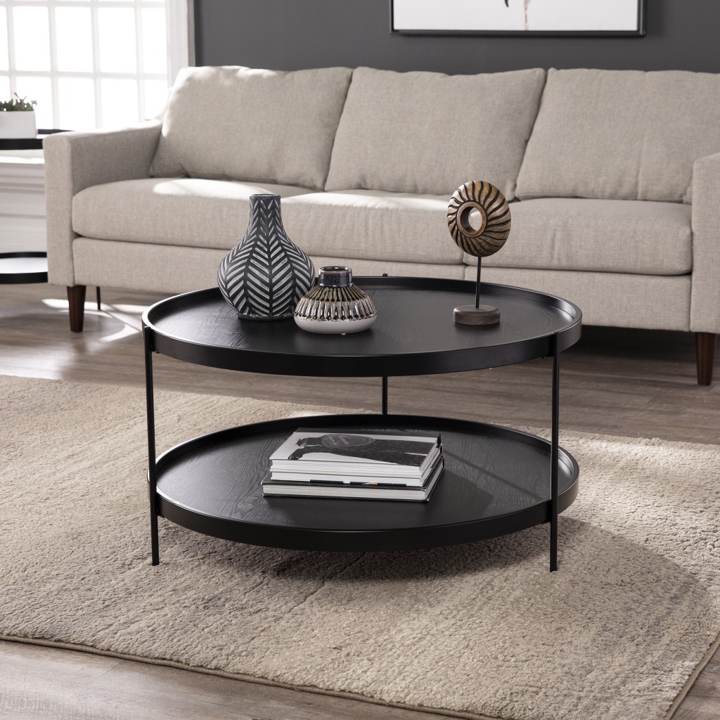 33 in. Manufactured Wood & Metal Round Coffee Table, Black