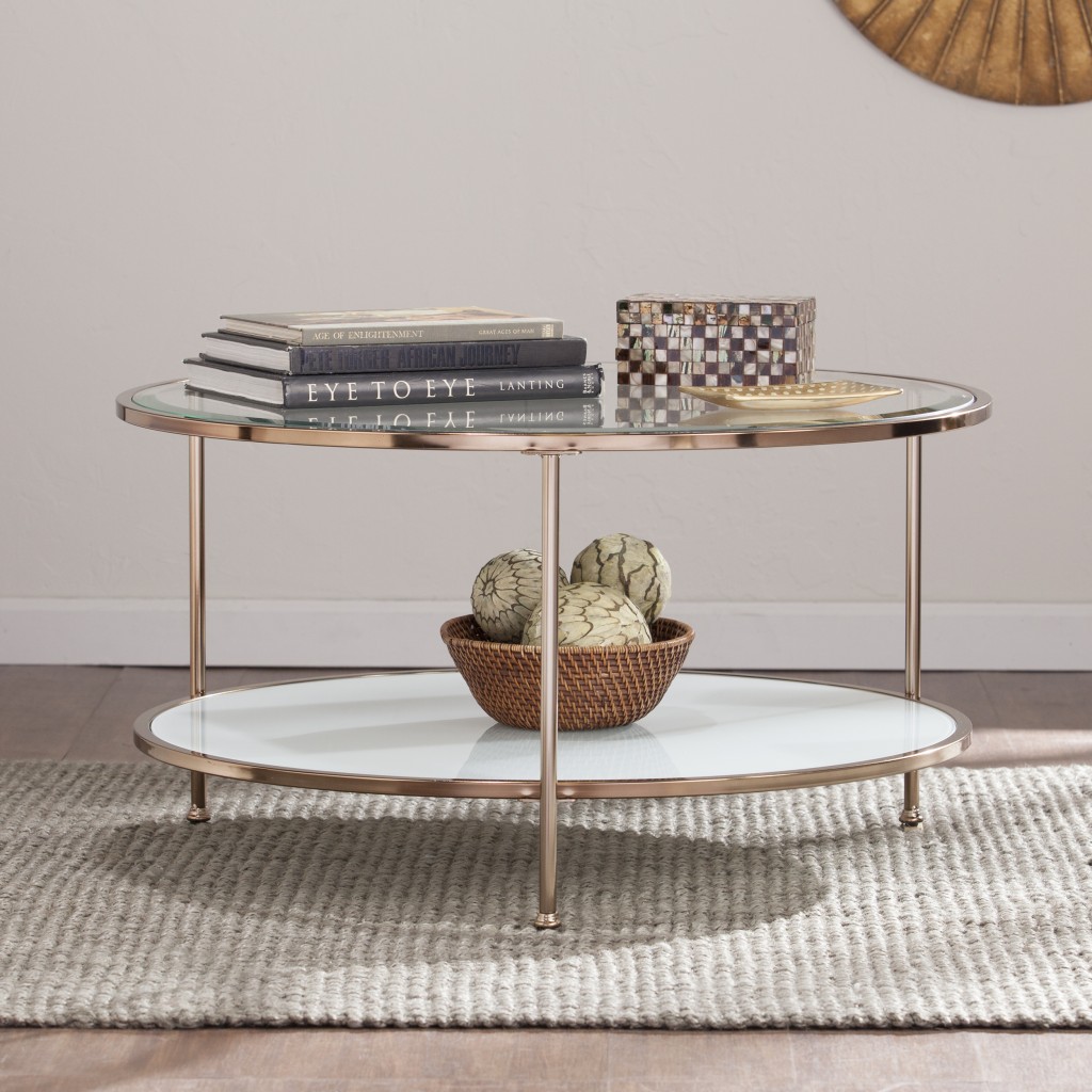 34 in. Glass & Metal Round Coffee Table, Gold