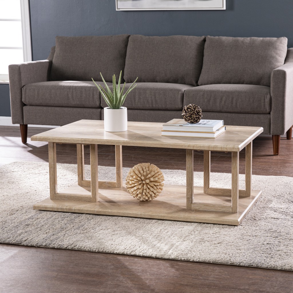 402171 42 in. Wood Two Tier Rectangular Coffee Table, Natural Light Brown -  HomeRoots