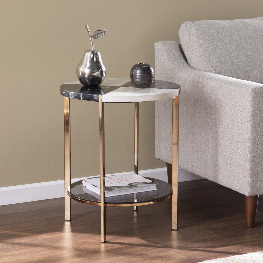 24 in. Manufactured Wood & Iron Round End Table with Two Shelves, Black
