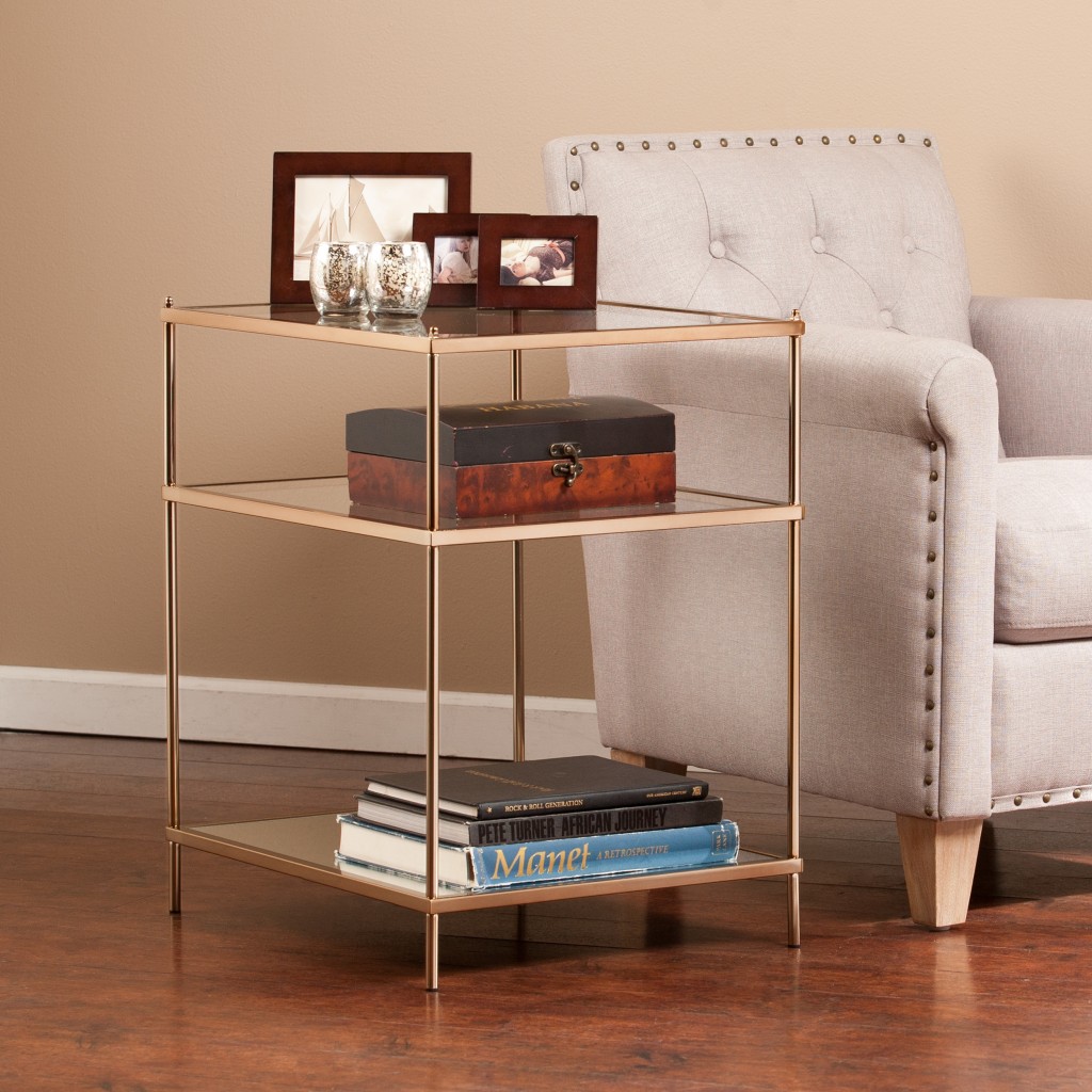 402479 27 in. Glass & Iron Square Mirrored End Table with Shelf, Gold