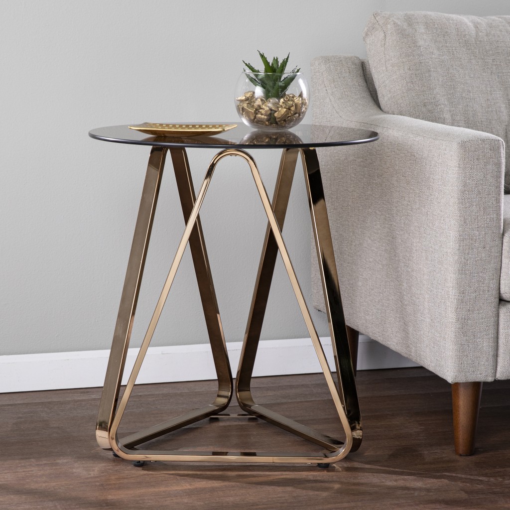 24 in. Glass & Iron Round End Table, Champagne